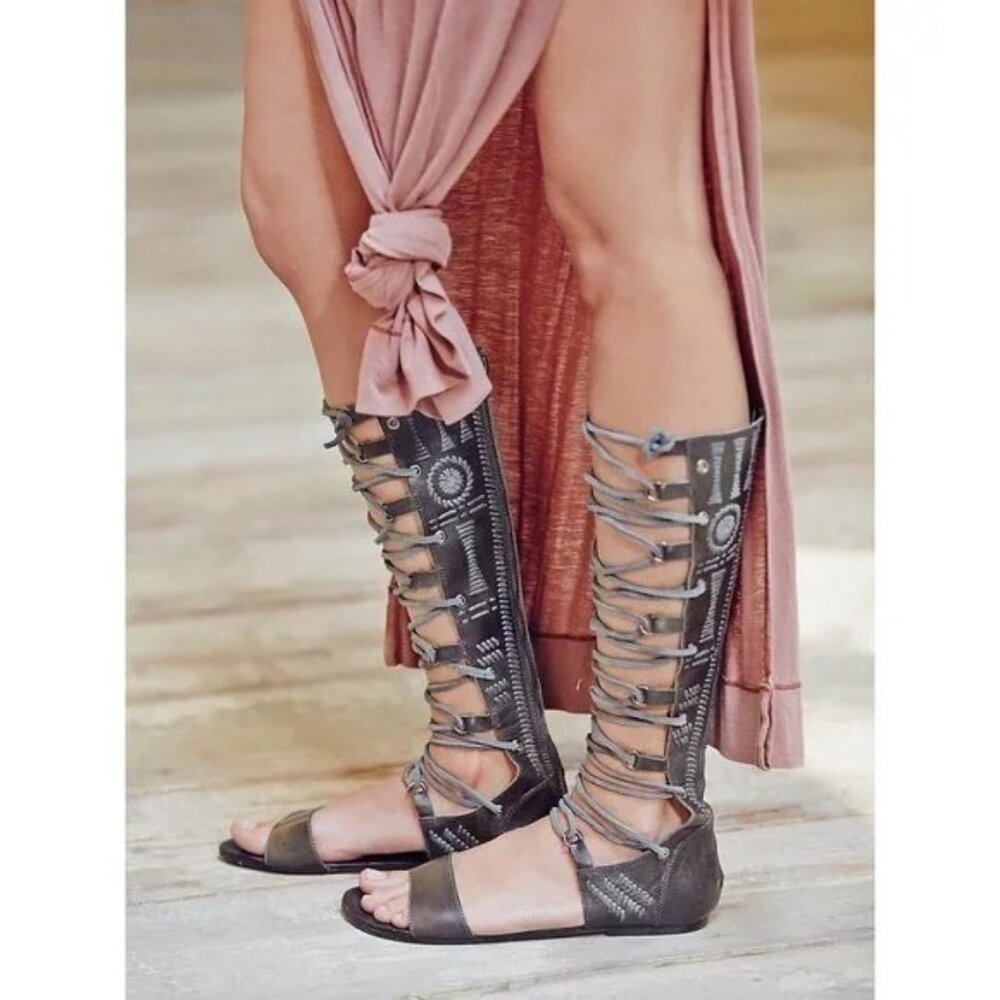 Free People Bellflower Gladiator Tall Lace Up Boho Sandals Gray Leather Size 38